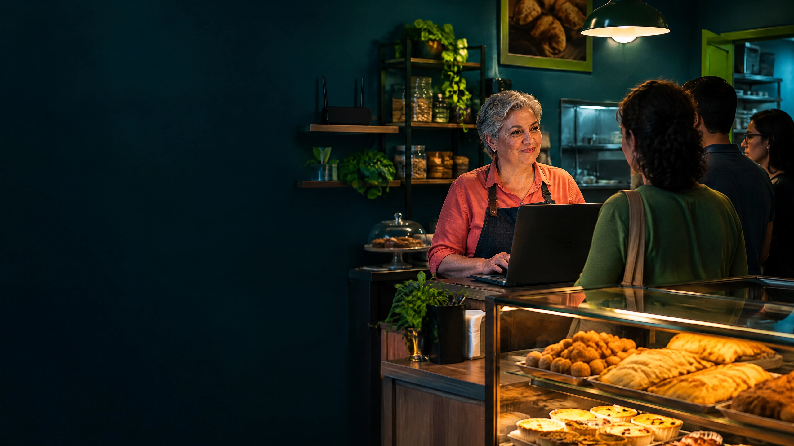 Empreendedora atendendo clientes em uma confeitaria com computador